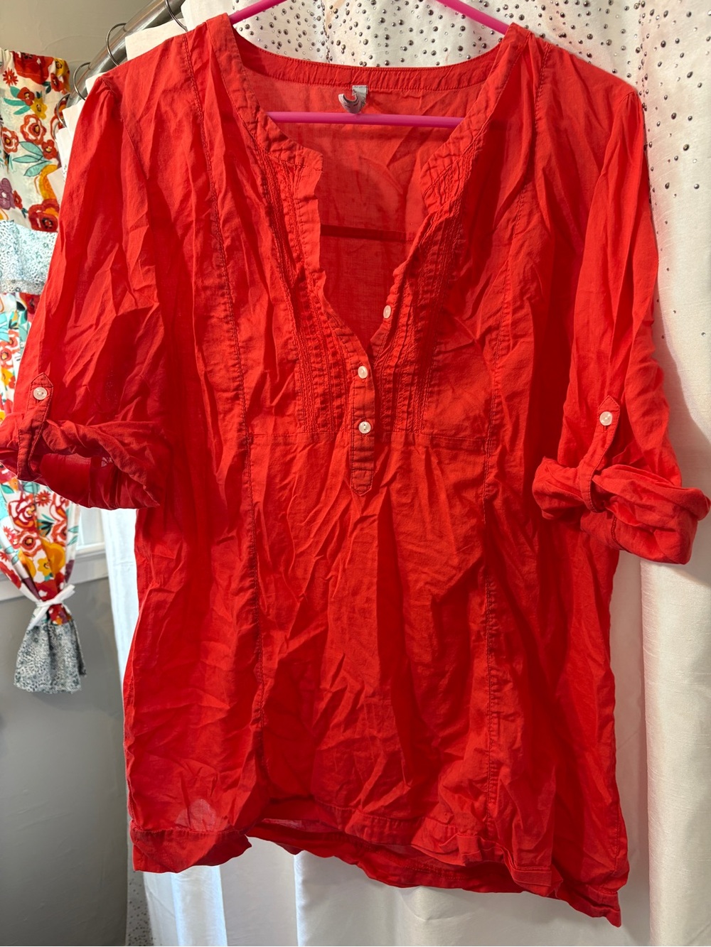 Old Navy Coral Button-Front Roll-Sleeve Tunic
